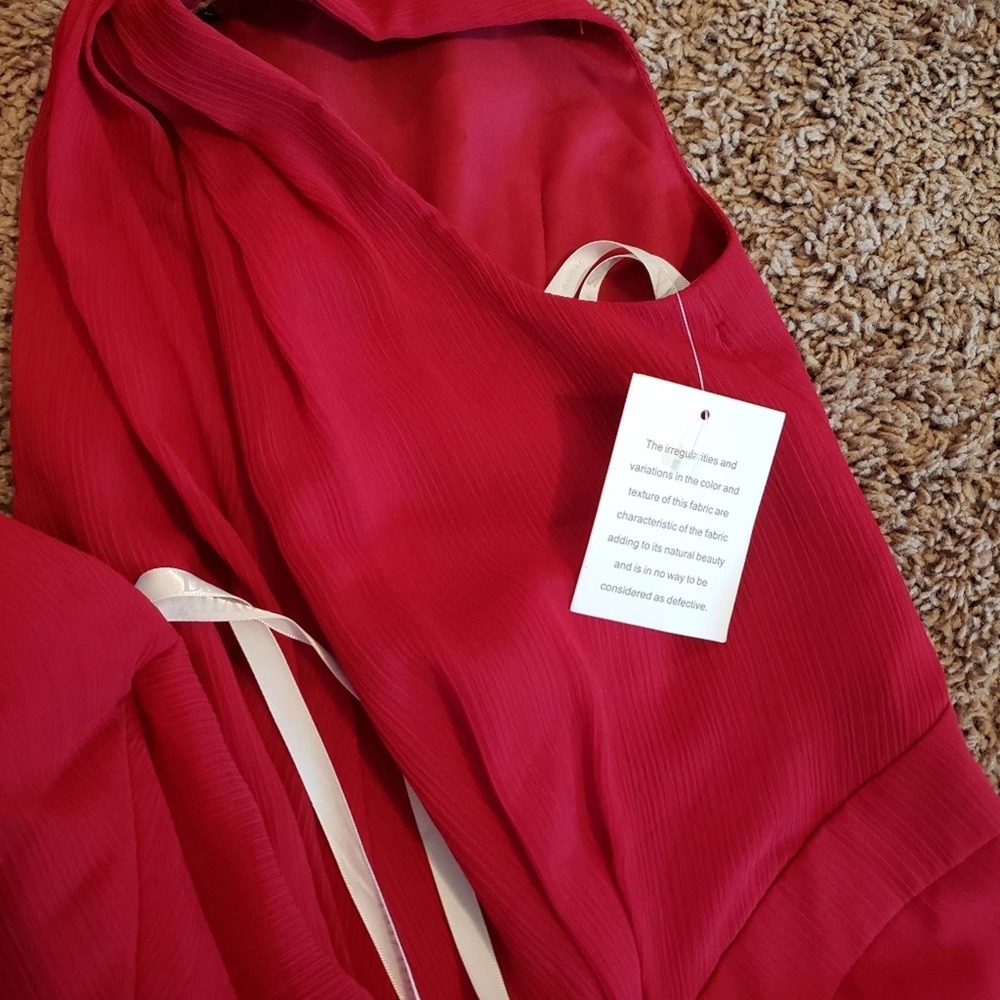 Davids Bridal NWT long one shoulder crinkle chiffon bridesmaid dress apple red 6 - Picture 6 of 10